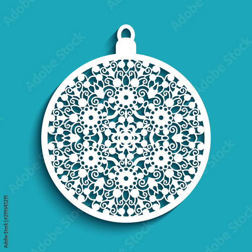 Christmas bauble, cutout paper ornament, round decoration with lace pattern, swirly template for laser cutting