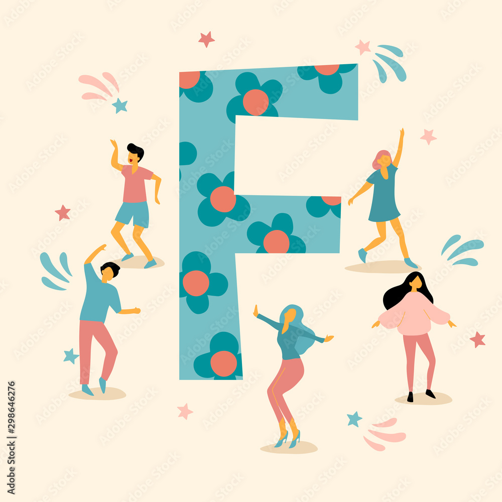 Uppercase letter with young men and women dancing together : Vector Illustration