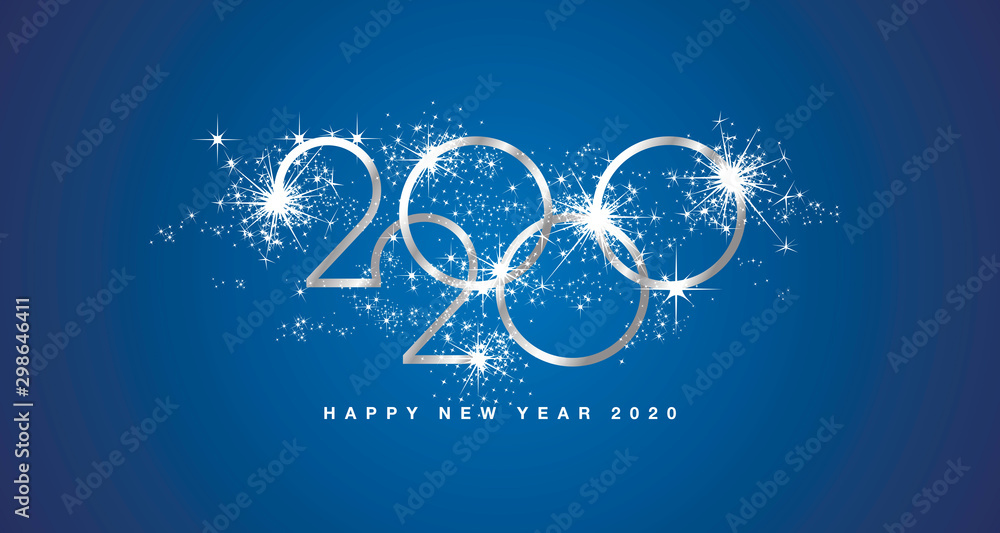 Naklejka Happy New Year 2020 modern design with sparkle firework silver white blue greeting card
