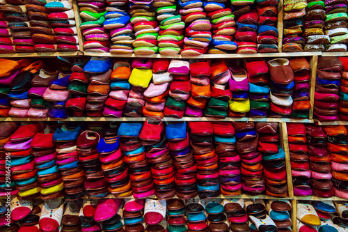 Traditional vibrant Moroccan slippers - "babouches" on the market.