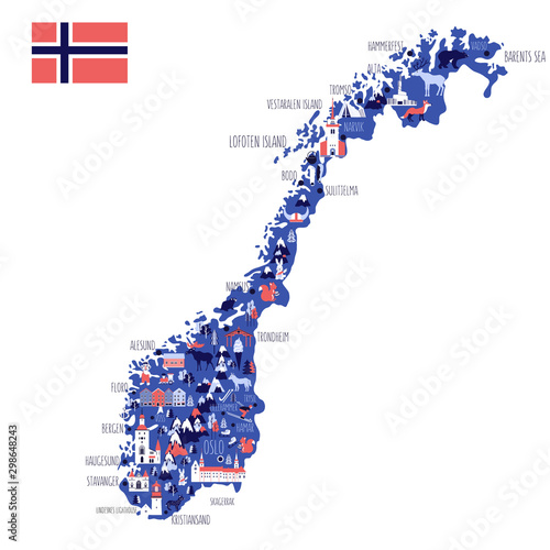 Norway travel cartoon vector map, norwegian landmark Brygge, Lindesnes Lighthouse, Narvik, Stavanger Cathedral, Akershus Fortress, Cathedral of the Northern Lights, Scandinavia,decorative wild animal