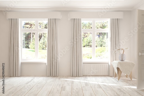 Stylish empty room in white color with summer landscape in window. Scandinavian interior design. 3D illustration