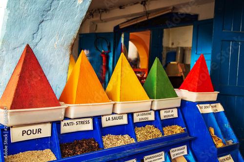 Traditional  spices and herbs on a market in Morocco. © lizavetta