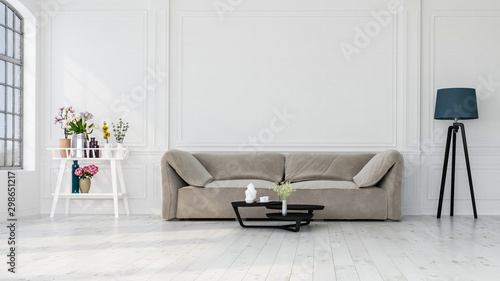 Modern interior design of a living room indoors apartment, home, office, soft sofa, fresh flowers and modern interior details on a white wall background.