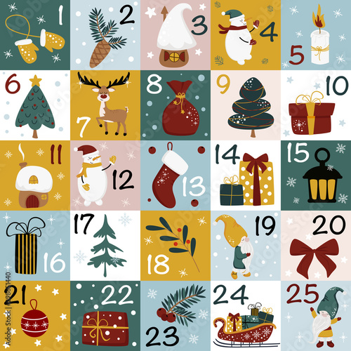 advent calendar with christmas decorations and christmas gnomes - vector illustration, eps