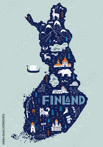 Finland cartoon map. Hand-drawn touristic map of the country with main attractions. Traveling poster with lettering. Doodle style photo