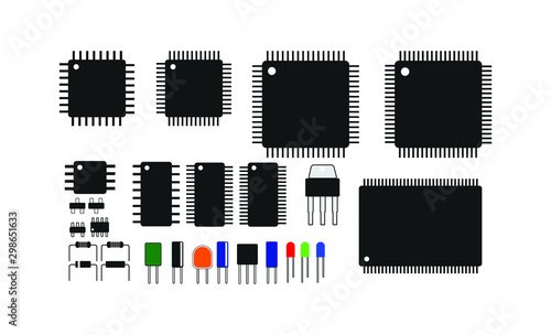 simple and most used ic chips, different shapes with 8,16,32,48,64,72 pin, resistor,diode, capasitor icons isolated on white background. Elements design of electronic components. vector illustration.