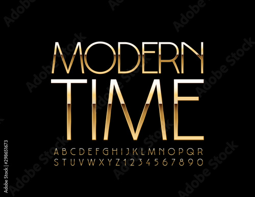 Vector stylish Sign modern Time. Elegant Golden Alphabet Letters and Numbers. Glossy luxury Font