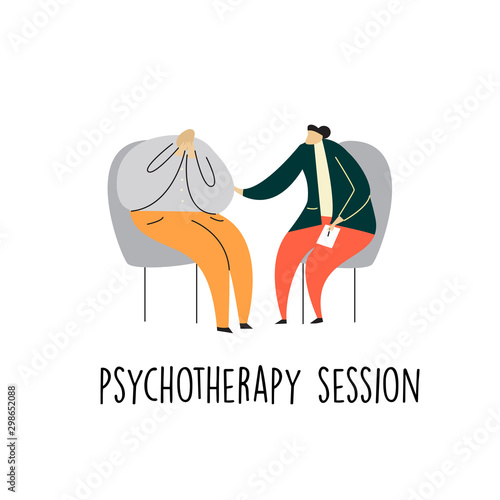Vector cartoon illustration of psychotherapist talking with crying man. Psychotherapy session.
