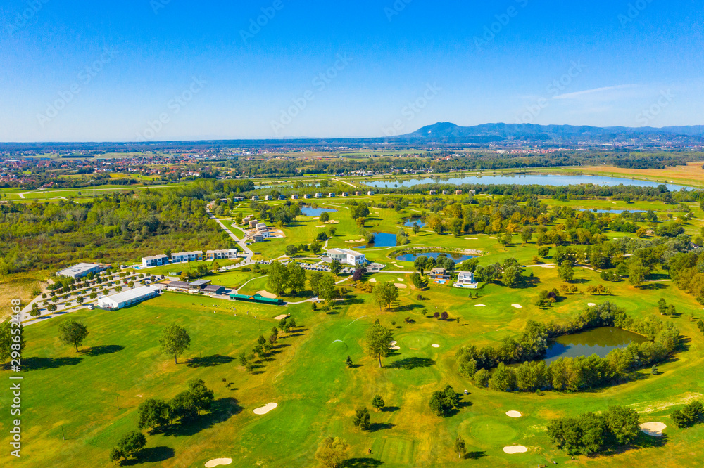 Aerial drone view of green nature in golf club, sunny summer day, Zagreb, Croatia 