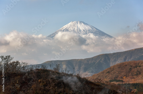 Mount Fuji summit in the clouds. Hakone area of Kanagawa Prefecture in Honshu. Japan