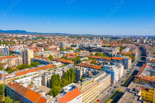 Fototapeta Naklejka Na Ścianę i Meble -  Aerial drone view of city centre on sunny summer day, Zagreb, Croatia
