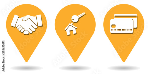 Location pins for making a deal, buying a home and paying with credit card