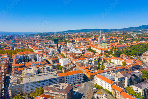 Aerial drone view of city centre on sunny summer day, Zagreb, Croatia