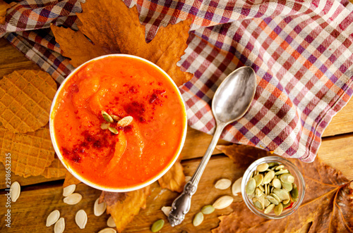 Принти на полотні Appetizing orange pumpkin cream soup. Lunch for Halloween.