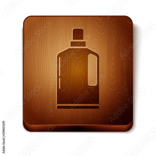 Brown Plastic bottle for liquid laundry detergent, bleach, dishwashing liquid or another cleaning agent icon isolated on white background. Wooden square button. Vector Illustration