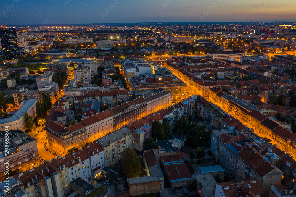 Aerial drone night view of city centre on summer day, Zagreb, Croatia