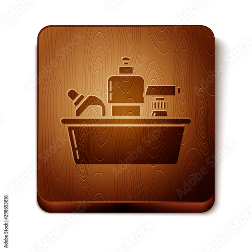 Brown Plastic bottles for liquid laundry detergent, bleach, dishwashing liquid or another cleaning agent icon isolated on white background. Wooden square button. Vector Illustration