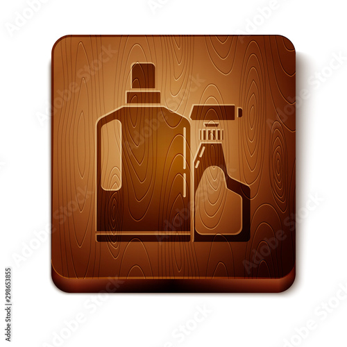 Brown Plastic bottles for liquid laundry detergent, bleach, dishwashing liquid or another cleaning agent icon isolated on white background. Wooden square button. Vector Illustration
