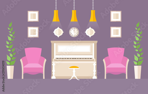 Piano room in flat style. Vector music room with furniture and decor. Lounge area. Vector illustration.