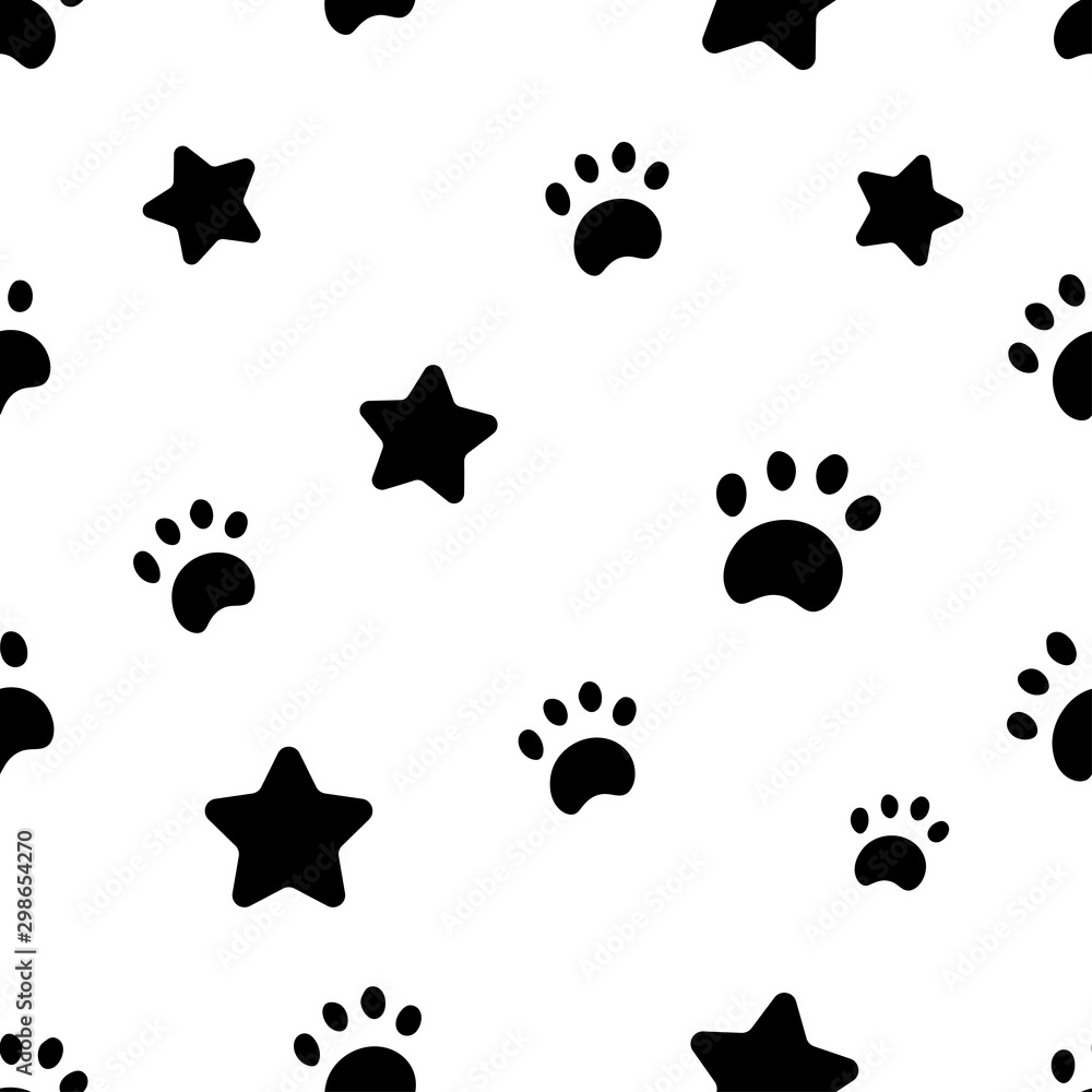 Fototapeta premium Seamless pattern with black stars and paws in white background. Vector illustration