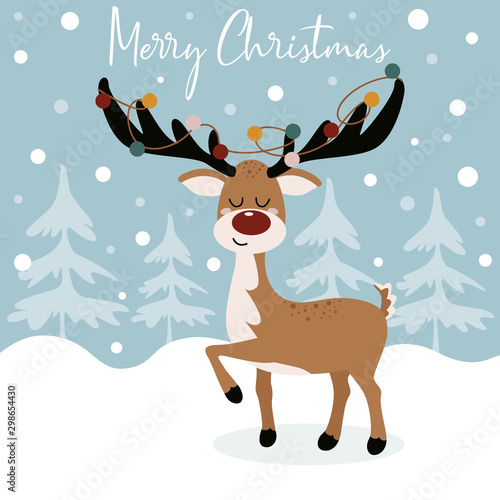 merry christmas poster with deer and trees - vector illustration, eps