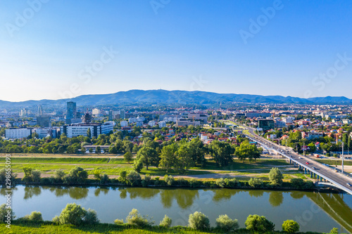Aerial drone view of Sava river on sunny summer day, Zagreb, Croatia