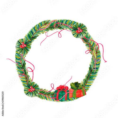 Watercolor Christmas frame with fir branches and gifts. Illustration for greeting floral postcard isolated on white background.