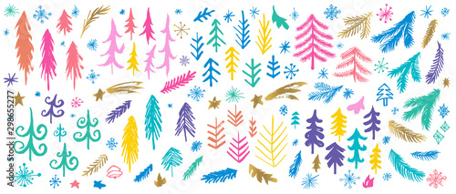 New Year, Christmas tree branches colorful brush strokes sketch markers pen. Christmas different stars frost snowflakes collection. Hand drawn vector illustration.