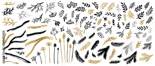 Tree Christmas tree branches golden silver brush strokes sketch markers pen. Floral leaf different plants leaves collection. Hand drawn vector illustration.