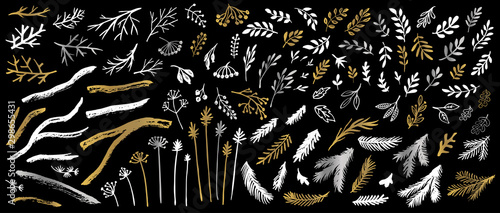 Tree Christmas tree branches golden silver brush strokes sketch markers pen. Floral leaf different plants leaves collection. Hand drawn vector illustration.