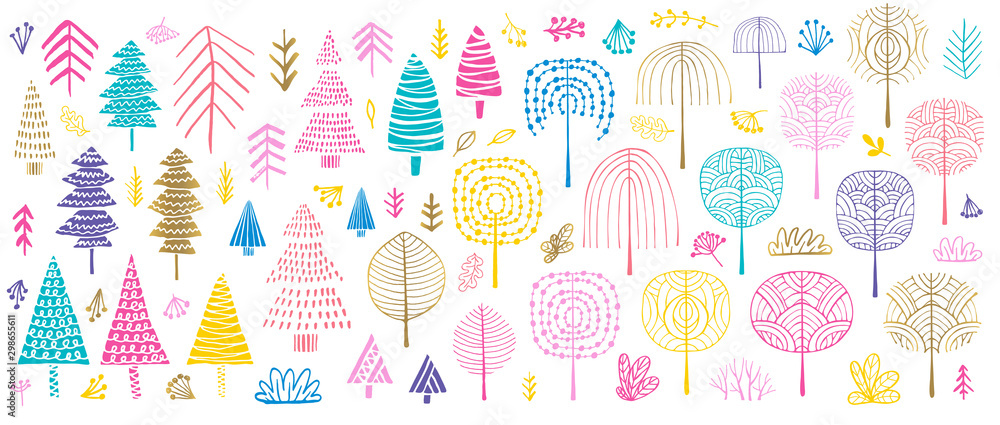 Tree Christmas tree bushes forest color golden brush strokes sketch markers pen. Floral leaf different plants bush collection. Hand drawn vector illustration.