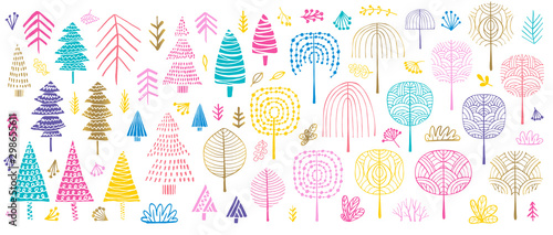 Tree Christmas tree bushes forest color golden brush strokes sketch markers pen. Floral leaf different plants bush collection. Hand drawn vector illustration.