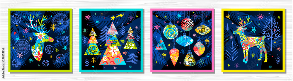 Happy New Year, Merry Christmas, Noel colorful greeting banner. Christmas tree branches decoration ball snowflakes frost stars deer ornament pattern. Hand drawn vector illustration.