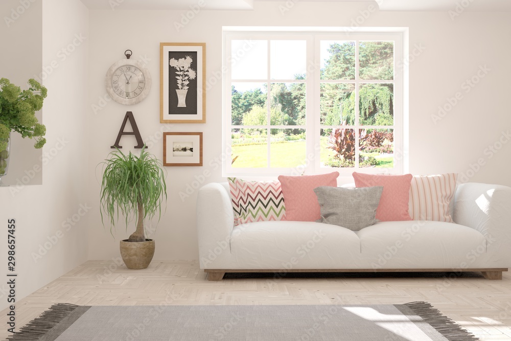 Stylish room in white color with sofa and summer landscape in window. Scandinavian interior design. 3D illustration Stylish room in white color with sofa and summer landscape in window. Scandinavian interior design. 3D illustration