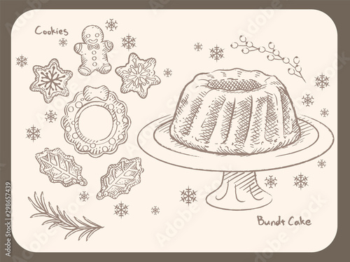 Wintertime and Christmas pastries, cookies, bundt cake. Vintage style vector illustration for menu, poster or other use.
