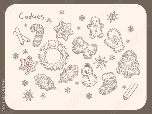 Wintertime and Christmas themed cookies with icing. Vintage style vector illustration for menu, poster or other use.