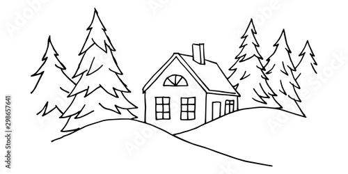 Landscape  drawn by lines, a house in the forest between the Christmas trees.