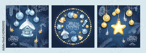 Set of three card Merry Christmas and Happy New Year. Christmas star, glass balls, house with sequins and elegant lettering on blue background. Sketch of branches fir tree, cedar, pine and cones