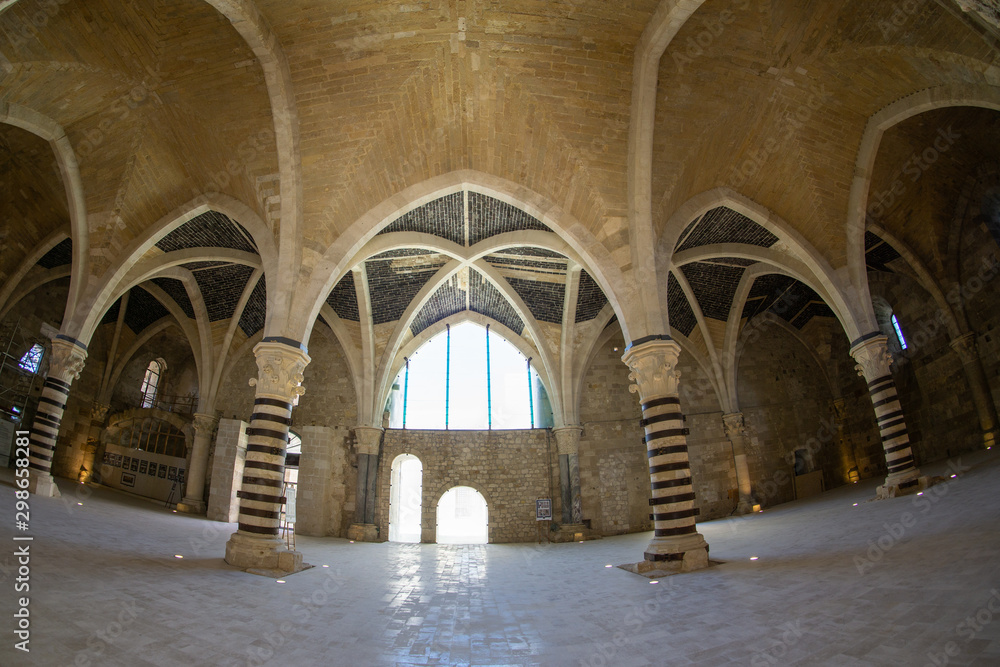 Internal view of the Castello Maniace in Ortigia island at city of Syracuse, Sicily, Italy. fisheye