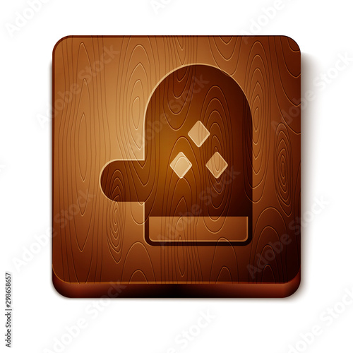 Brown Oven glove icon isolated on white background. Kitchen potholder sign. Cooking glove. Wooden square button. Vector Illustration