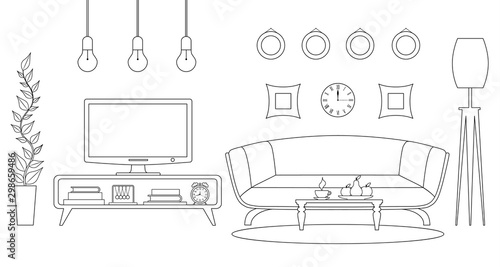 A room with a TV and furniture. Vector interior in outline style. Television area.