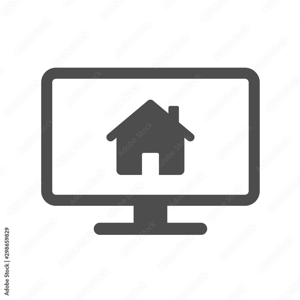 Smart home online monitoring app silhouette vector icon isolated on white background. Computer monitor with smart house flat icon for web, mobile apps and user interface design Smart home online monitoring app silhouette vector icon isolated on white background. Computer monitor with smart house flat icon for web, mobile apps and user interface design