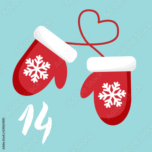 Vector Christmas advent calendar. Winter holidays poster with date 14 december. Cute day decoration. New year mittens with a rope.
