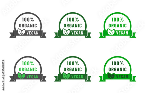 100% organic vegan food diet icon set. Bio, eco symbols. Vegan, no meat, lactose free, healthy and nonviolent food. Round green vector illustrations with ribbon, leaves for stickers, labels and logos