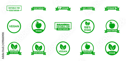 100% vegan and suitable for vegetarian icons. Organic, bio, eco symbols. Vegan, no meat, lactose free, healthy, fresh, nonviolent food. Round green vector illustrations for stickers, labels and logos