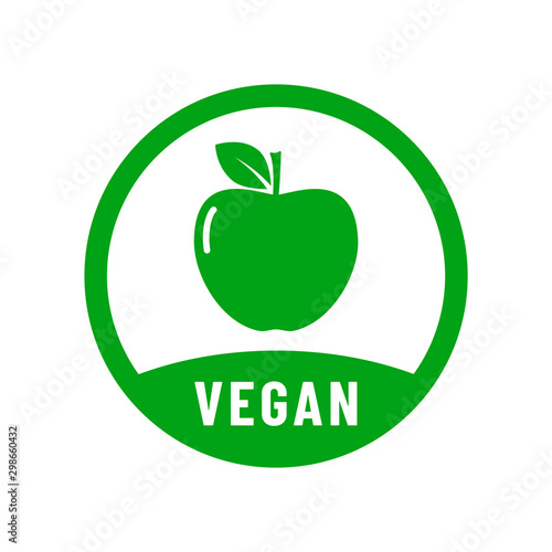 Vegan food diet icon. Organic, bio, eco symbol. Vegan, no meat, lactose free, healthy, fresh and nonviolent food. Round green vector illustration with apple for stickers, labels and logos