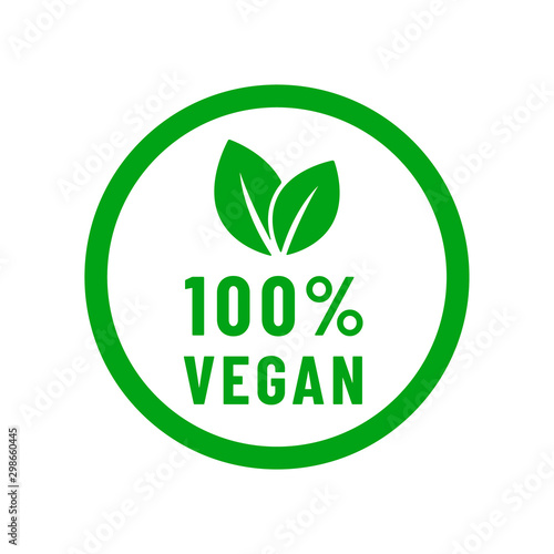 100% vegan food diet icon. Organic, bio, eco symbol. Vegan, no meat, lactose free, healthy, fresh and nonviolent food. Round green vector illustration with leaves for stickers, labels and logos