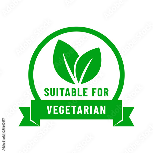 Suiatable for vegetarian icon. Organic, bio, eco symbol. No meat, vegetarian, healthy, nonviolent food. Round green vector illustration with ribbon and leaves for stickers, labels and logos