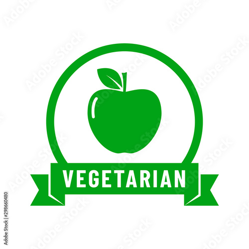 Vegetarian food diet icon. Organic, bio, eco symbol. No meat, vegetarian, healthy and nonviolent food. Round green vector illustration with ribbon and apple for stickers, labels and logos